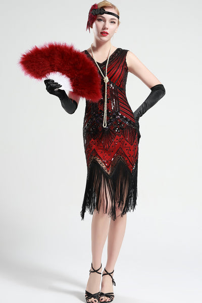 US Stock Black and Green glass beaded Fringe Flapper Dress