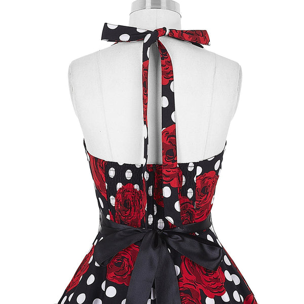 Roses and Dots Black Fit and Flare Halter Dress