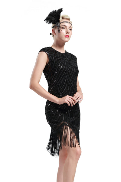 US STOCK Black and Gold Flapper Beaded Fringed Great Gatsby Dress