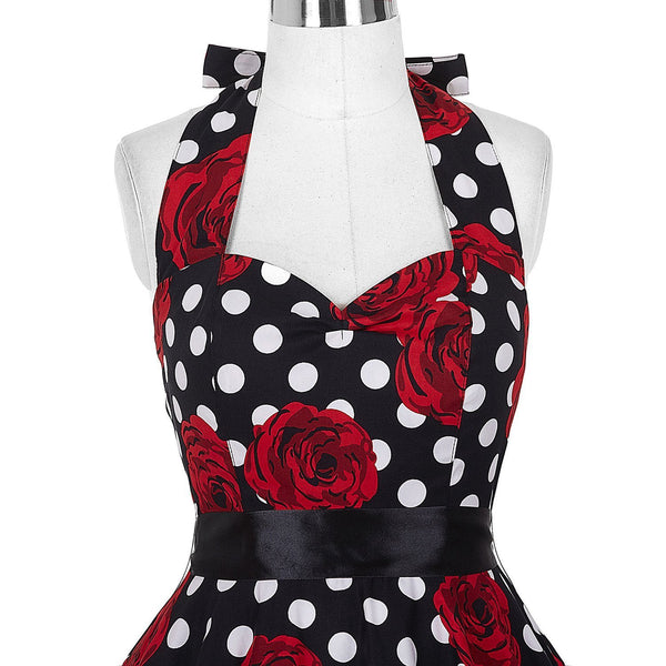Roses and Dots Black Fit and Flare Halter Dress