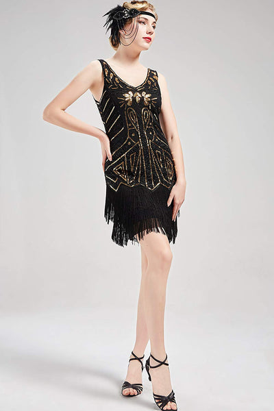 US STOCK Vintage 1920s Unique black and gold Beaded Fringed Great Gatsby 20s Dress