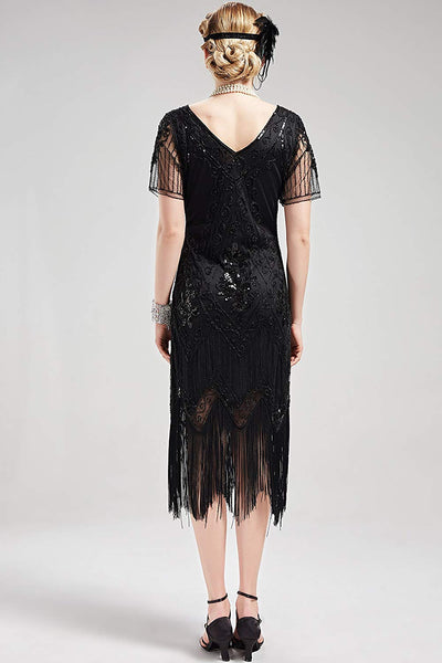 US STOCK Vintage Black 1920s Art Deco Unique Fringed Sequin Dress 20s Flapper Gatsby