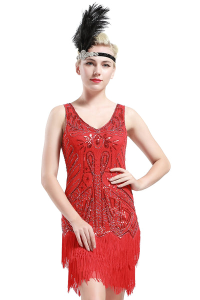 US STOCK Bright Red Sleeveless Flapper Beaded and Sequined Mini Dress