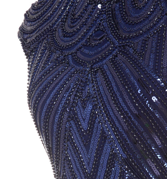 US STOCK Navy Cap Sleeve Beaded Fringe Sequin Deco Flapper Dress
