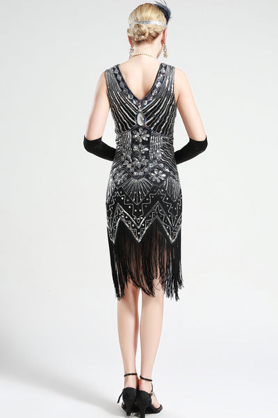 US Stock Black and Green glass beaded Fringe Flapper Dress