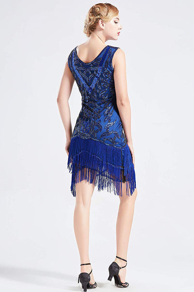 US STOCK Vintage Blue Unique 1920s Flapper Dress Long Fringed Gatsby Dress Sequins Beaded Art Deco