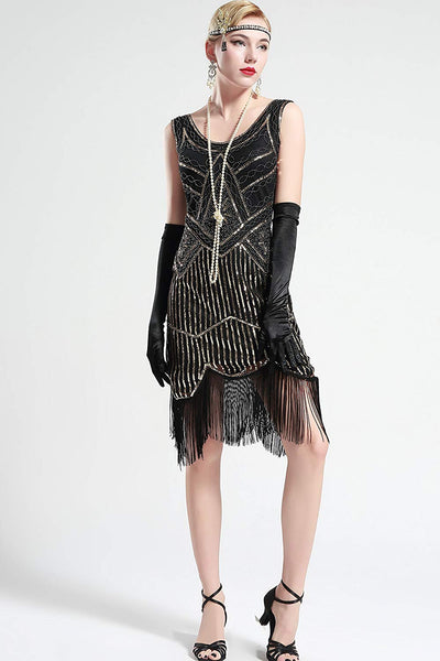 Vintage Black Unique 1920s Flapper Dress Roaring 20s Great Gatsby Dress Fringed Sequin Dress Art Deco