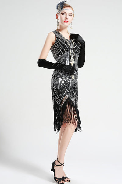 Black and Silver glass beaded Fringe Flapper Dress