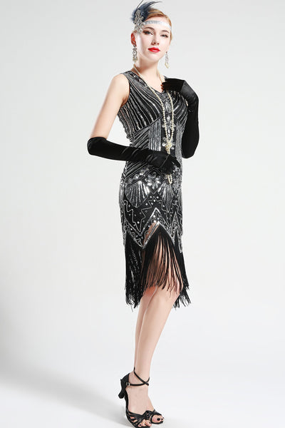 US Stock Black and Red glass beaded Fringe Flapper Dress