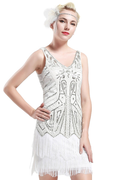US STOCK White and Silver Sleeveless Flapper Beaded and Sequined Mini Dress