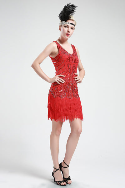 US STOCK Bright Red Sleeveless Flapper Beaded and Sequined Mini Dress