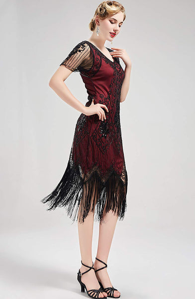 US STOCK Vintage Black and Red Unique 1920s Art Deco Fringed Sequin Dress 20s Flapper Gatsby Dress