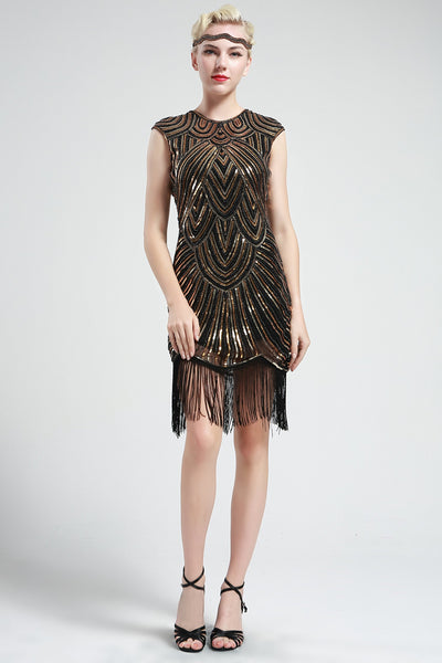 US STOCK Jet Black Flapper Beaded Fringed Great Gatsby Dress