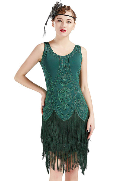 US STOCK Vintage 1920s Green Unique Flapper Dress Roaring 20s Great Gatsby Fringed Dress