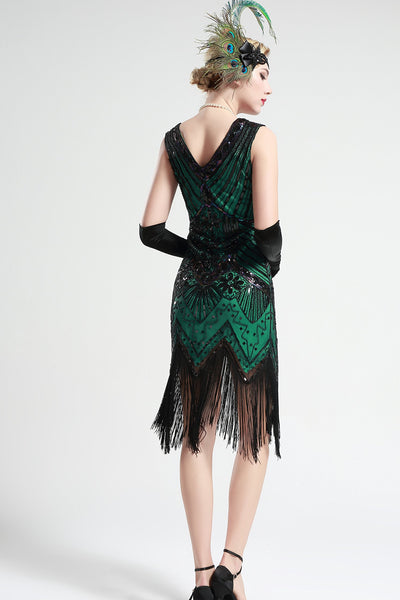 US Stock Black and Green glass beaded Fringe Flapper Dress