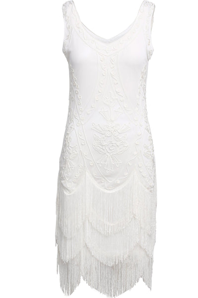 US STOCK White Wedding Beaded 1920s Flapper Dress