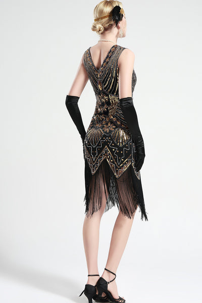 US Stock Black and Green glass beaded Fringe Flapper Dress