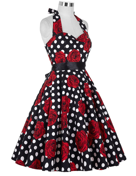 Roses and Dots Black Fit and Flare Halter Dress