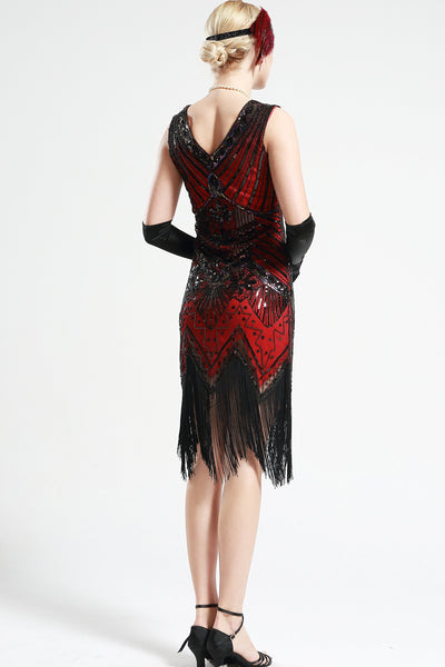 US Stock Black and Red glass beaded Fringe Flapper Dress