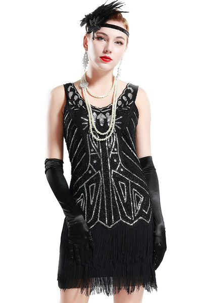 US STOCK Black and Silver Sleeveless Flapper Beaded and Sequined Mini Dress