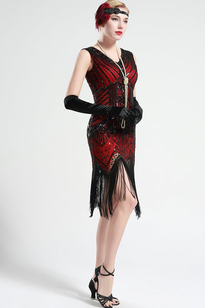 US Stock Black and Green glass beaded Fringe Flapper Dress