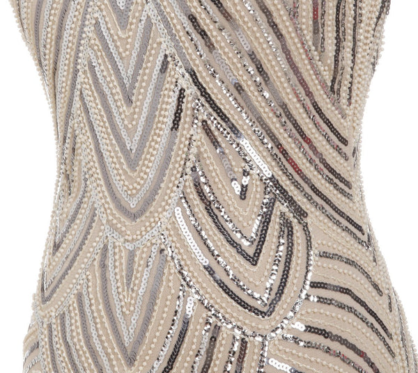 US STOCK Cream White and Gold Cap Sleeve Beaded Fringe Sequin Deco Flapper Dress