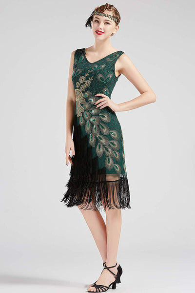 US STOCK Vintage 1920s Vintage Peacock Sequined Dress Gatsby Fringed Flapper Dress Roaring 20s Party Dress