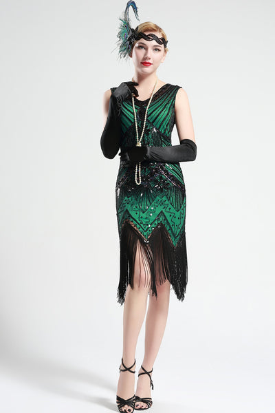 US Stock Black and Green glass beaded Fringe Flapper Dress