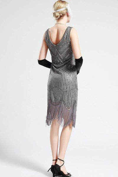 Vintage Silver Unique 1920s Flapper 20s Great Gatsby Dress Fringed Sequin Art Deco