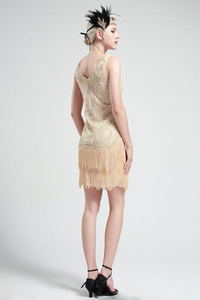 US STOCK Cream White Sleeveless Flapper Beaded and Sequined Mini Dress