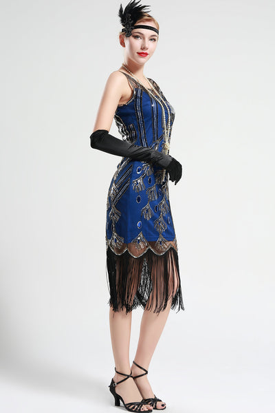 Blue and Black Peacock Sequin Fringed Party Flapper Dress