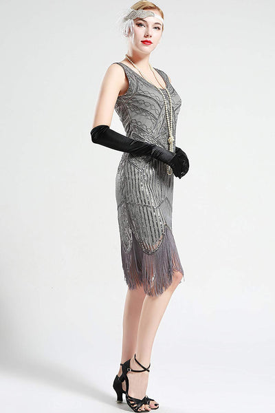 Vintage Silver Unique 1920s Flapper 20s Great Gatsby Dress Fringed Sequin Art Deco