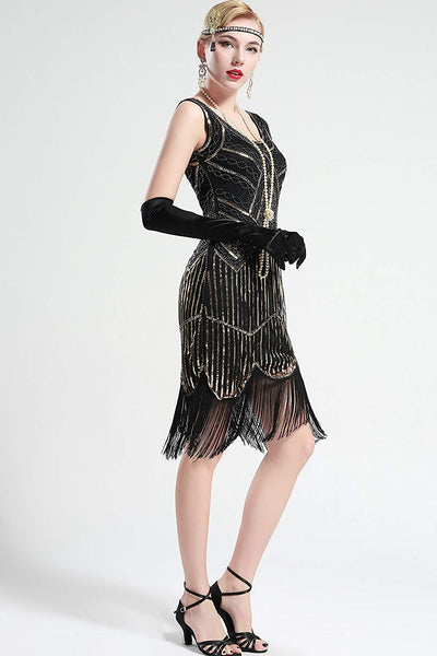 Vintage Black Unique 1920s Flapper Dress Roaring 20s Great Gatsby Dress Fringed Sequin Dress Art Deco