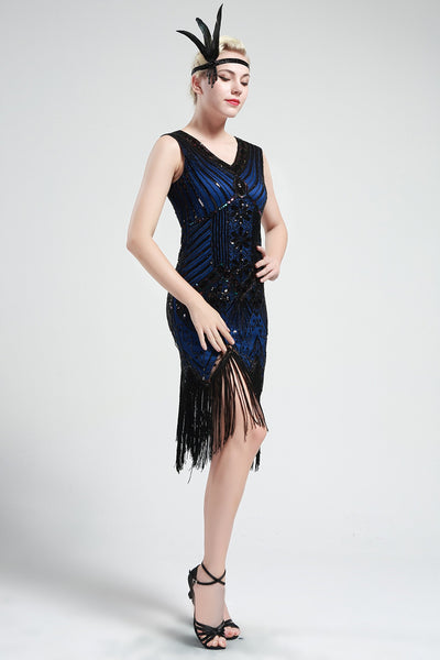 US Stock Black and Blue glass beaded Fringe Flapper Dress