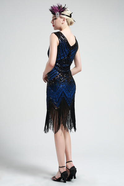 US Stock Jet Black glass beaded Fringe Flapper Dress