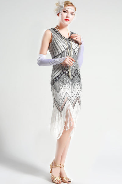 US Stock Black and Green glass beaded Fringe Flapper Dress