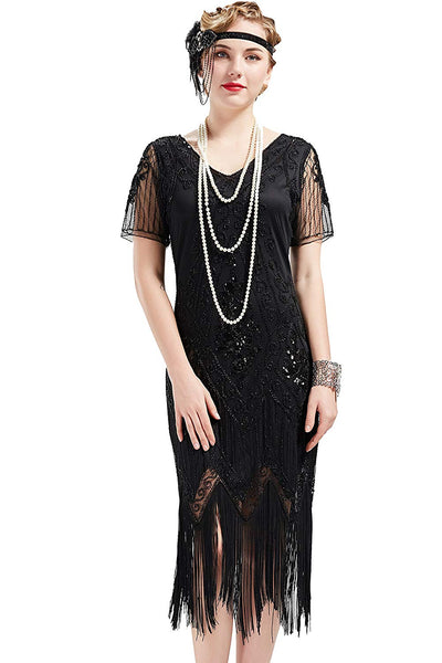 US STOCK Vintage Black 1920s Art Deco Unique Fringed Sequin Dress 20s Flapper Gatsby