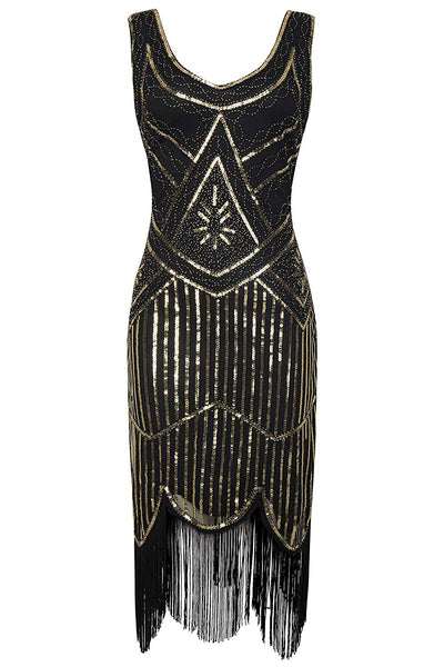 Vintage Black Unique 1920s Flapper Dress Roaring 20s Great Gatsby Dress Fringed Sequin Dress Art Deco