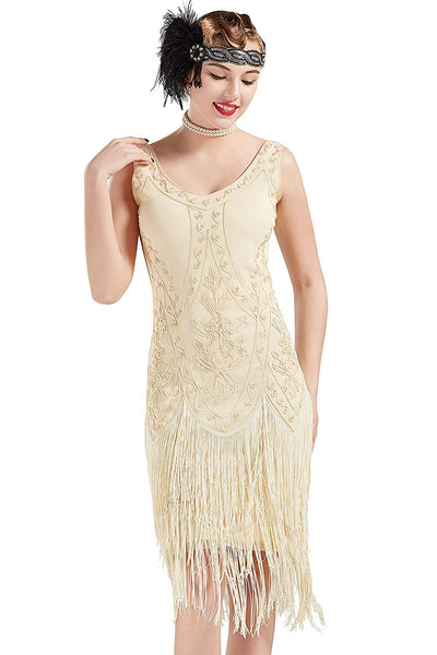 US STOCK Vintage Cream 1920s Unique Flapper Dress Roaring 20s Great Gatsby Fringed  Dress