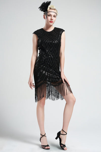 US STOCK Jet Black Flapper Beaded Fringed Great Gatsby Dress