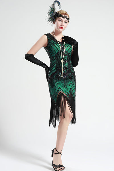 US Stock Black and Green glass beaded Fringe Flapper Dress