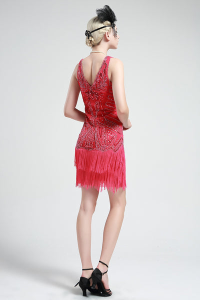 US STOCK Bright Red Sleeveless Flapper Beaded and Sequined Mini Dress