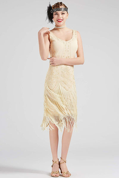 US STOCK Vintage Cream 1920s Unique Flapper Dress Roaring 20s Great Gatsby Fringed  Dress
