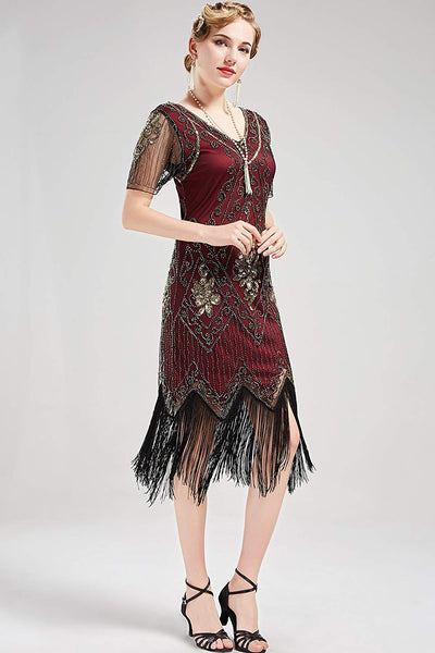 US STOCK Vintage Red and God Unique 1920s Art Deco Fringed Sequin Dress 20s Flapper Gatsby Dress