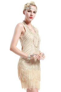 US STOCK White and Silver Sleeveless Flapper Beaded and Sequined Mini Dress