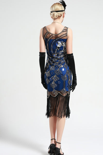 Blue and Black Peacock Sequin Fringed Party Flapper Dress