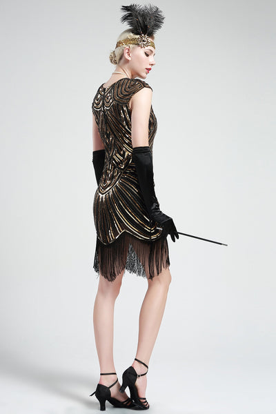US STOCK Jet Black Flapper Beaded Fringed Great Gatsby Dress