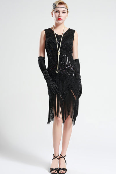 US Stock Jet Black glass beaded Fringe Flapper Dress