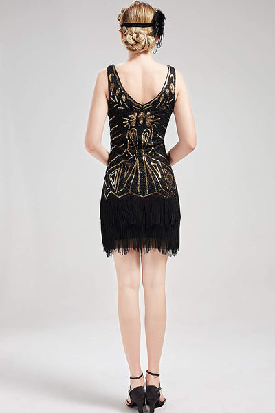 US STOCK Vintage 1920s Unique black and gold Beaded Fringed Great Gatsby 20s Dress