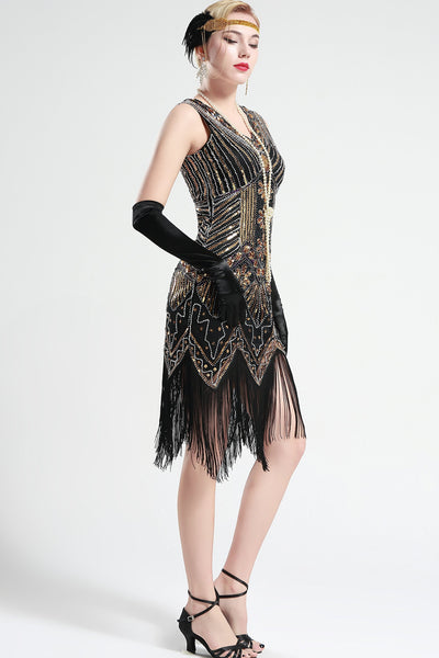 US Stock Jet Black glass beaded Fringe Flapper Dress